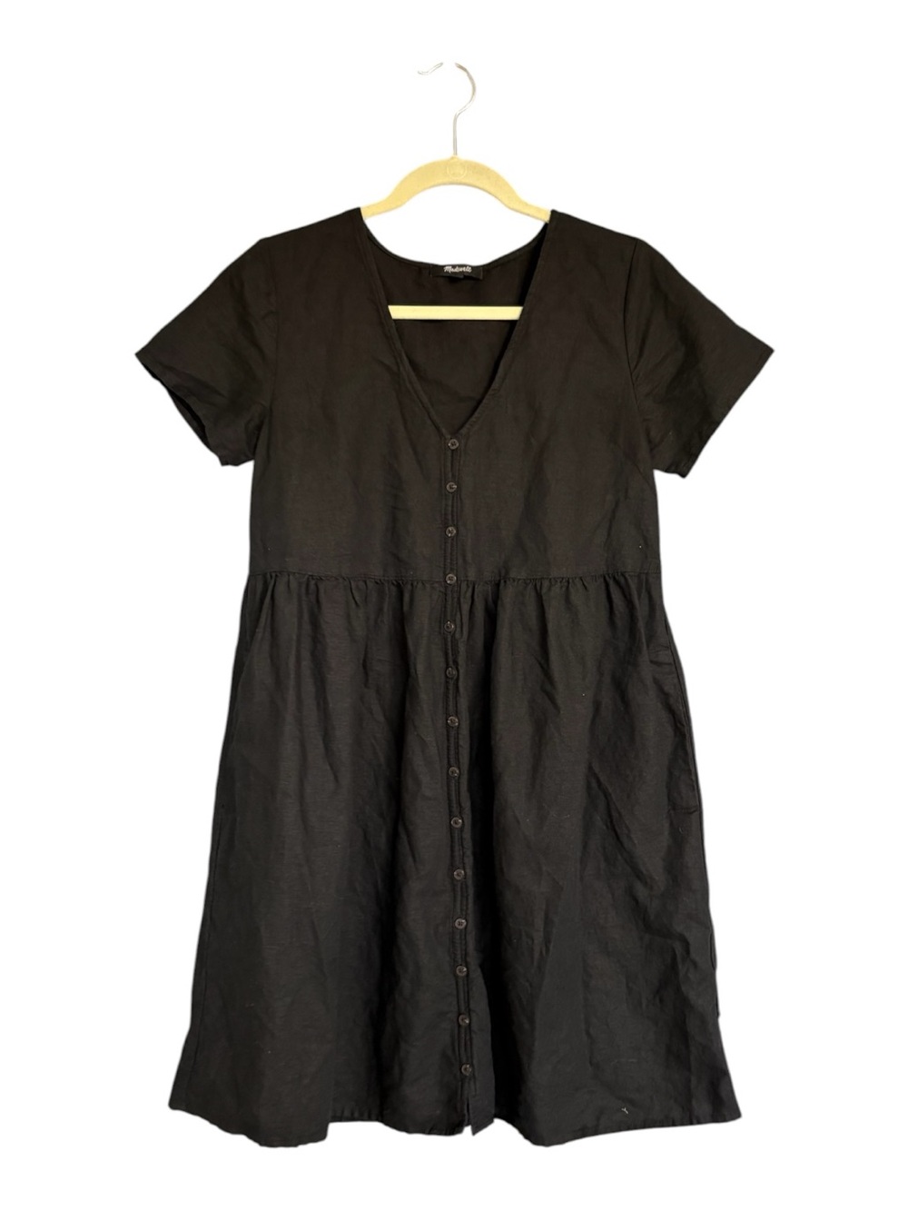 Madewell Black Button-Front Linen Blend Mini Dress Size Small Babydoll Cottage